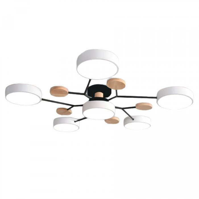 Moderne nordische LED-Deckenleuchte, weiß, verzweigt, Holzdetails, Wohnzimmerbeleuchtung.