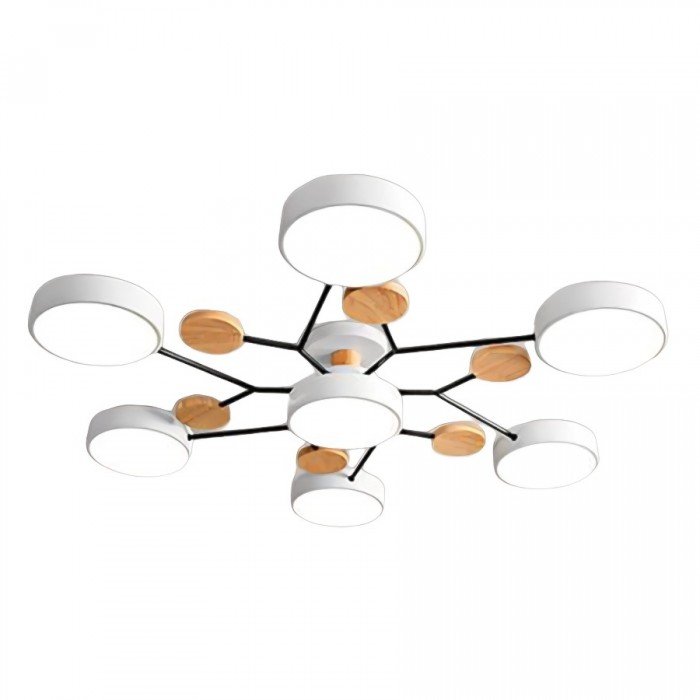 Nordische LED-Deckenleuchte, verzweigt, weiß, Holzdetails, modernes Design, Wohnzimmerbeleuchtung.