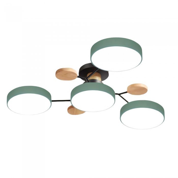 Moderne LED-Deckenleuchte, nordisches Design, grün, Holzakzente, energieeffizient.