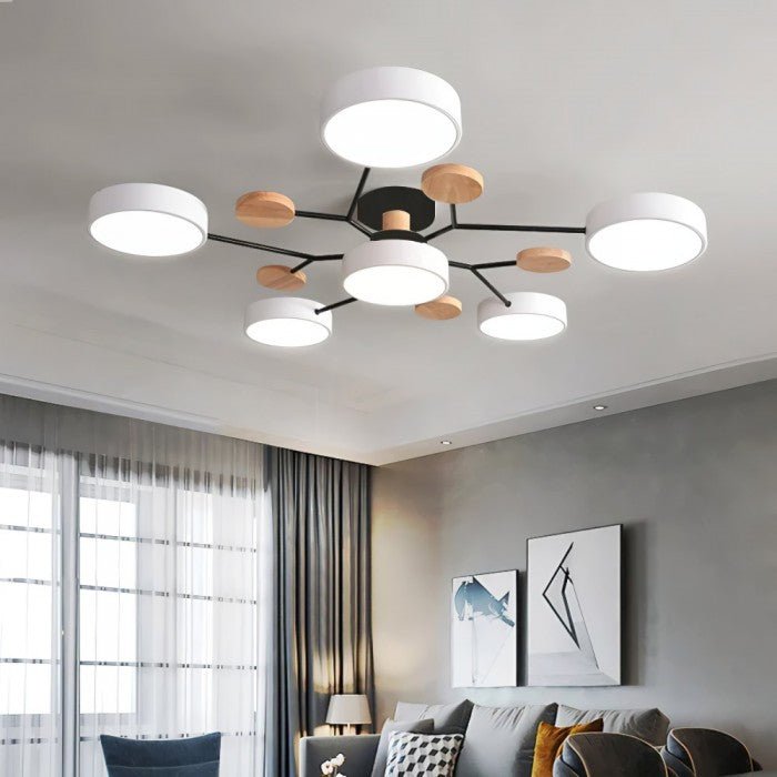 Moderne nordische LED-Deckenleuchte, weiß, Holzdetails, Wohnzimmerbeleuchtung.