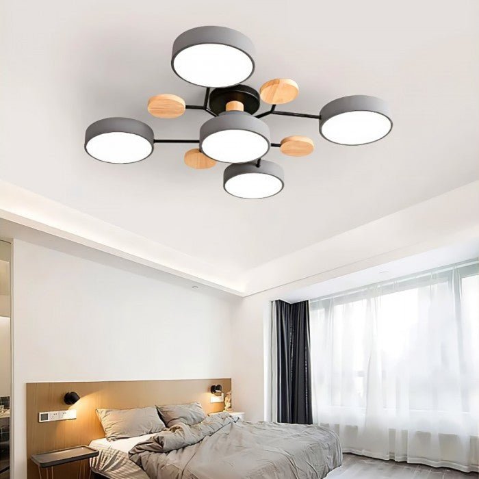 Moderne nordische LED-Deckenleuchte, schwarz, Holzdetails, Schlafzimmerbeleuchtung.