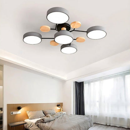 Moderne nordische LED-Deckenleuchte, schwarz, Holzdetails, Schlafzimmerbeleuchtung.