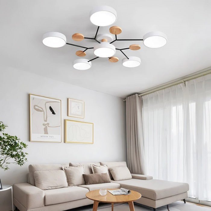 Moderne nordische LED-Deckenleuchte, schwarz-weiß, Holzdetails, Wohnzimmerbeleuchtung.
