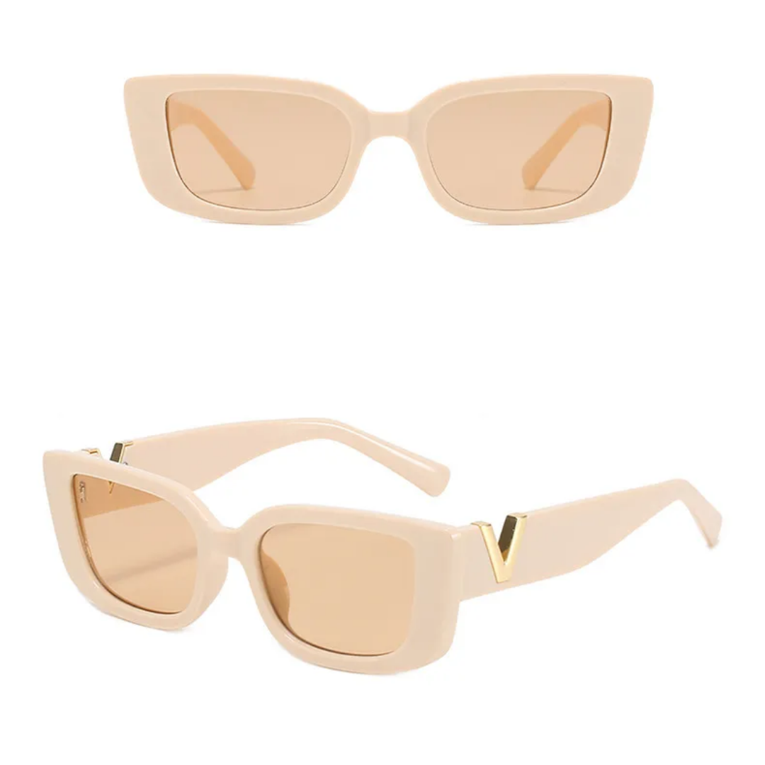 Beige Sonnenbrille Damen, rechteckig, UV-Schutz, modisch, Kunststoff, stilvoll, elegant