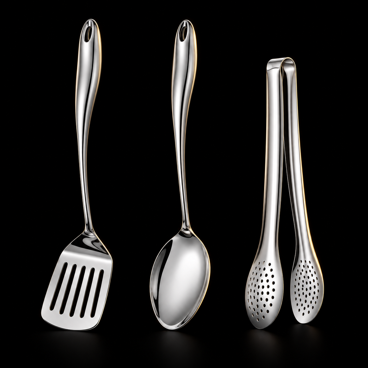 Tredelat set med slitsad stekspade, serveringssked och hålad tång mot svart bakgrund. 2