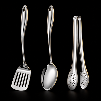 Tredelat set med slitsad stekspade, serveringssked och hålad tång mot svart bakgrund. 2