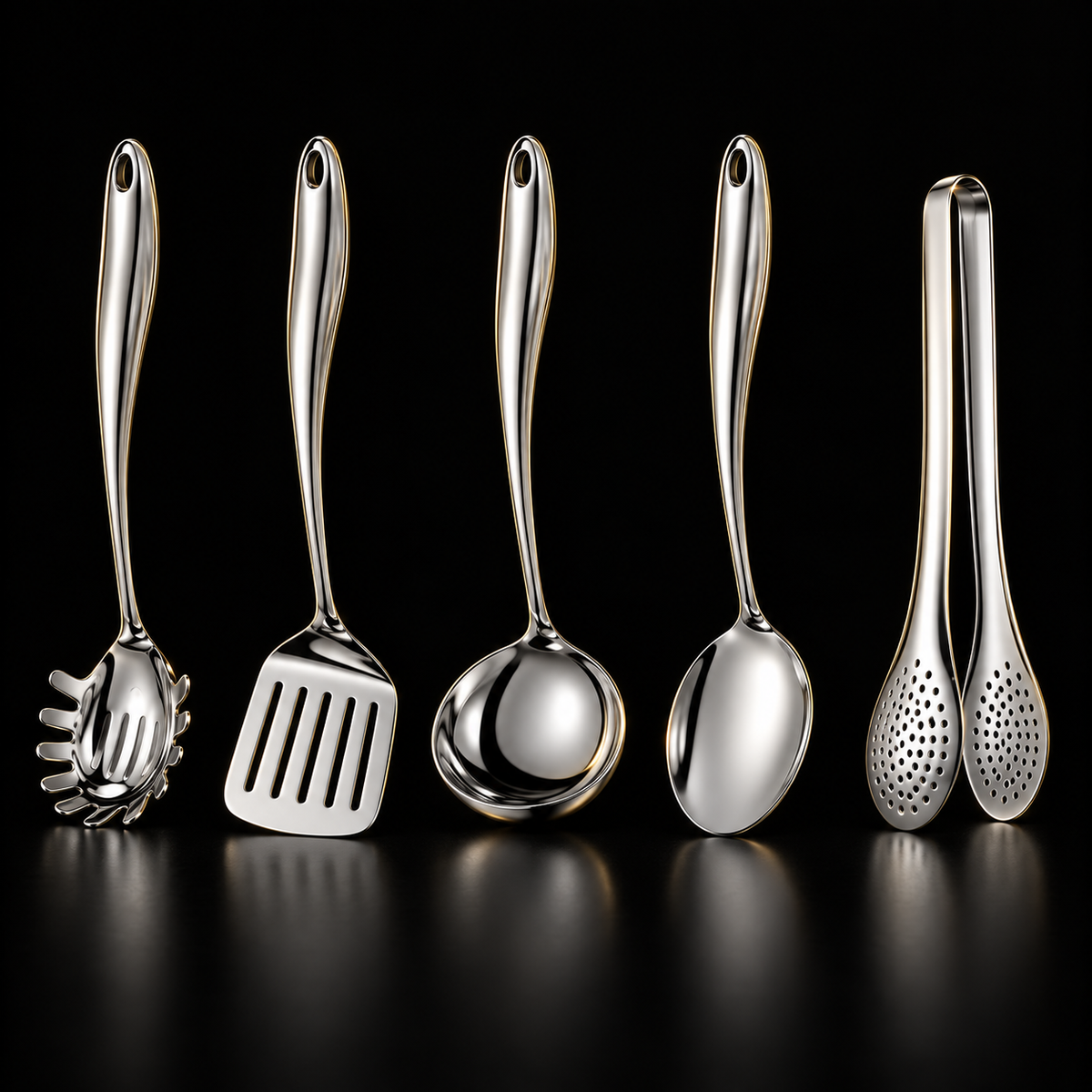 Femdelat set med pastaslev, stekspade med slitsar, sleven, serveringssked och tång, upprätt mot svart bakgrund med reflektion. 1
