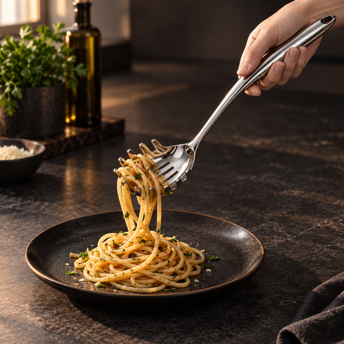 Hand lyfter spaghetti med pastaslev över en mörk tallrik, med persilja och olivolja i bakgrunden. 11