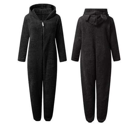 Schwarzer Fleece-Overall mit Kapuze, langärmelig, gemütlich, Einteiler für Damen.