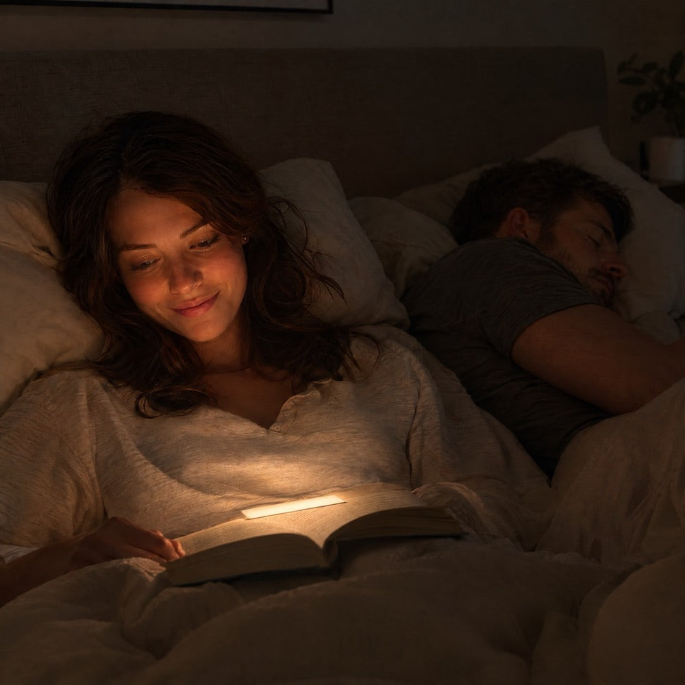 Kvinna läser i sängen med en liten lampa på boken medan en man sover bredvid 2
