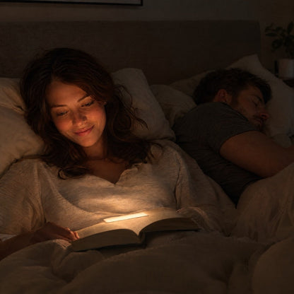 Kvinna läser i sängen med en liten lampa på boken medan en man sover bredvid 2