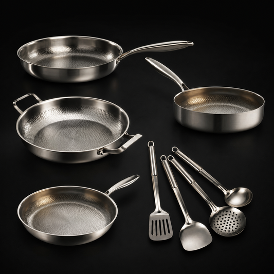 Hand-Hammered Titanium Family Set: 4 Pans & Utensils 1
