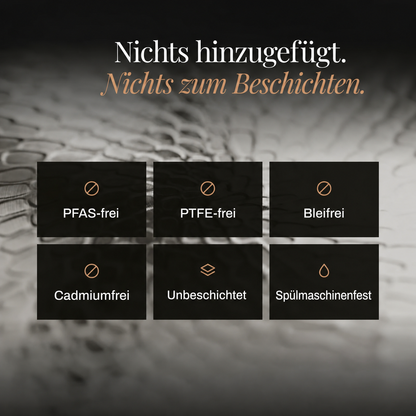 Informationsbild med sex symboler för egenskaper, i rutor över en suddig närbild av pannans mönstrade yta. 6