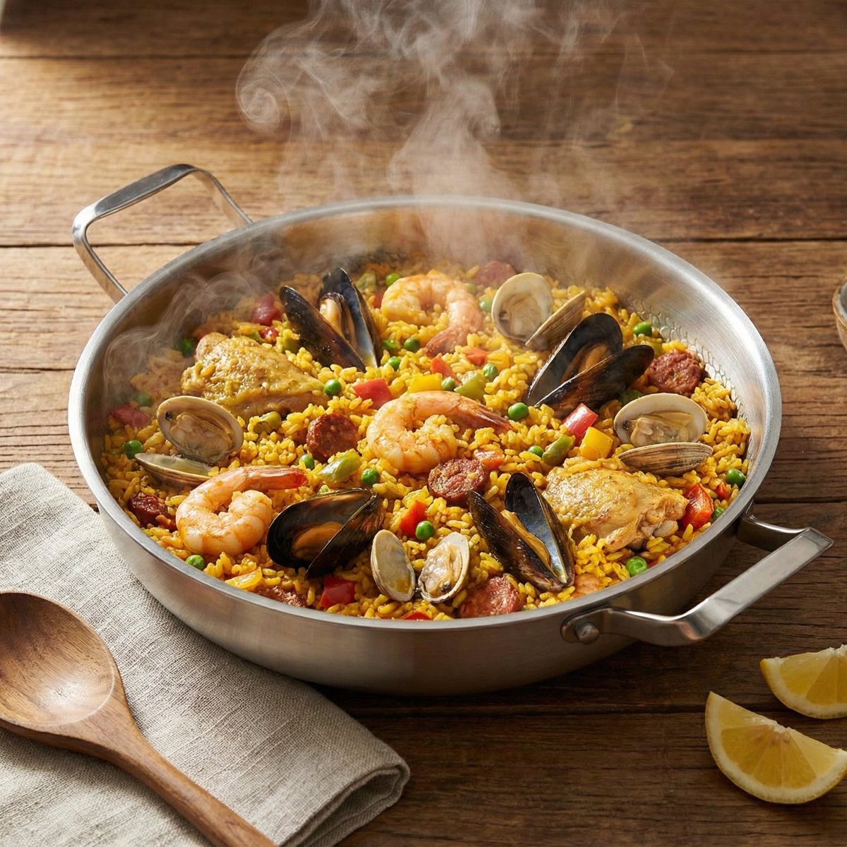Panna på träbord fylld med ångande paella med räkor, musslor, kyckling och korv, bredvid sked och citronklyftor. 7