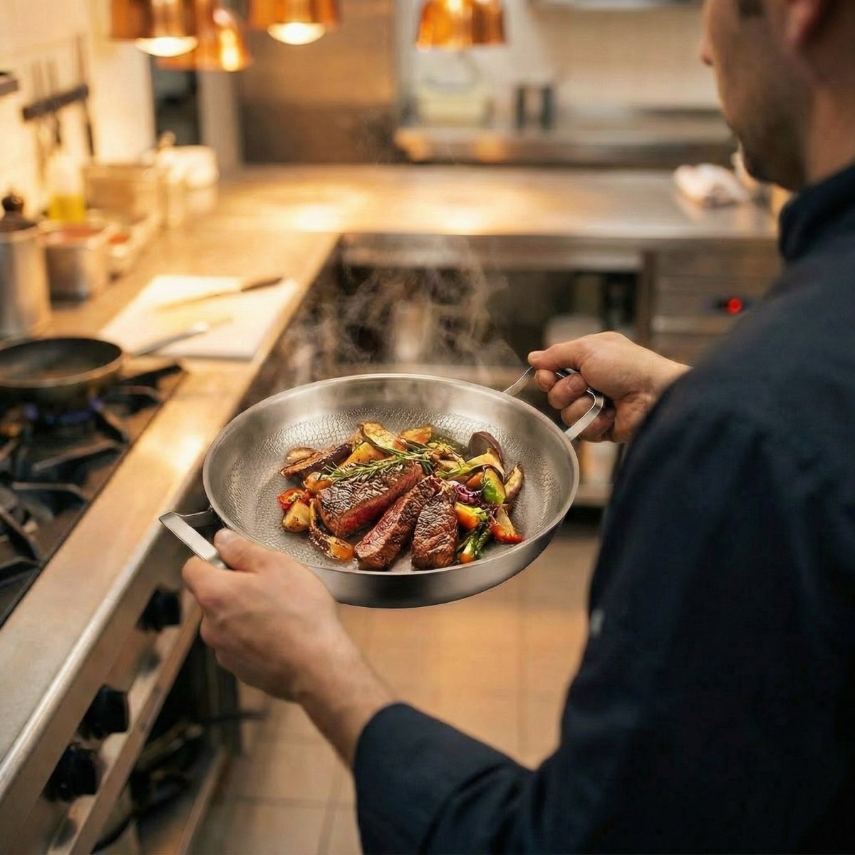 Kock i ett restaurangkök håller pannan i båda handtagen med stekta köttskivor och grönsaker. 6