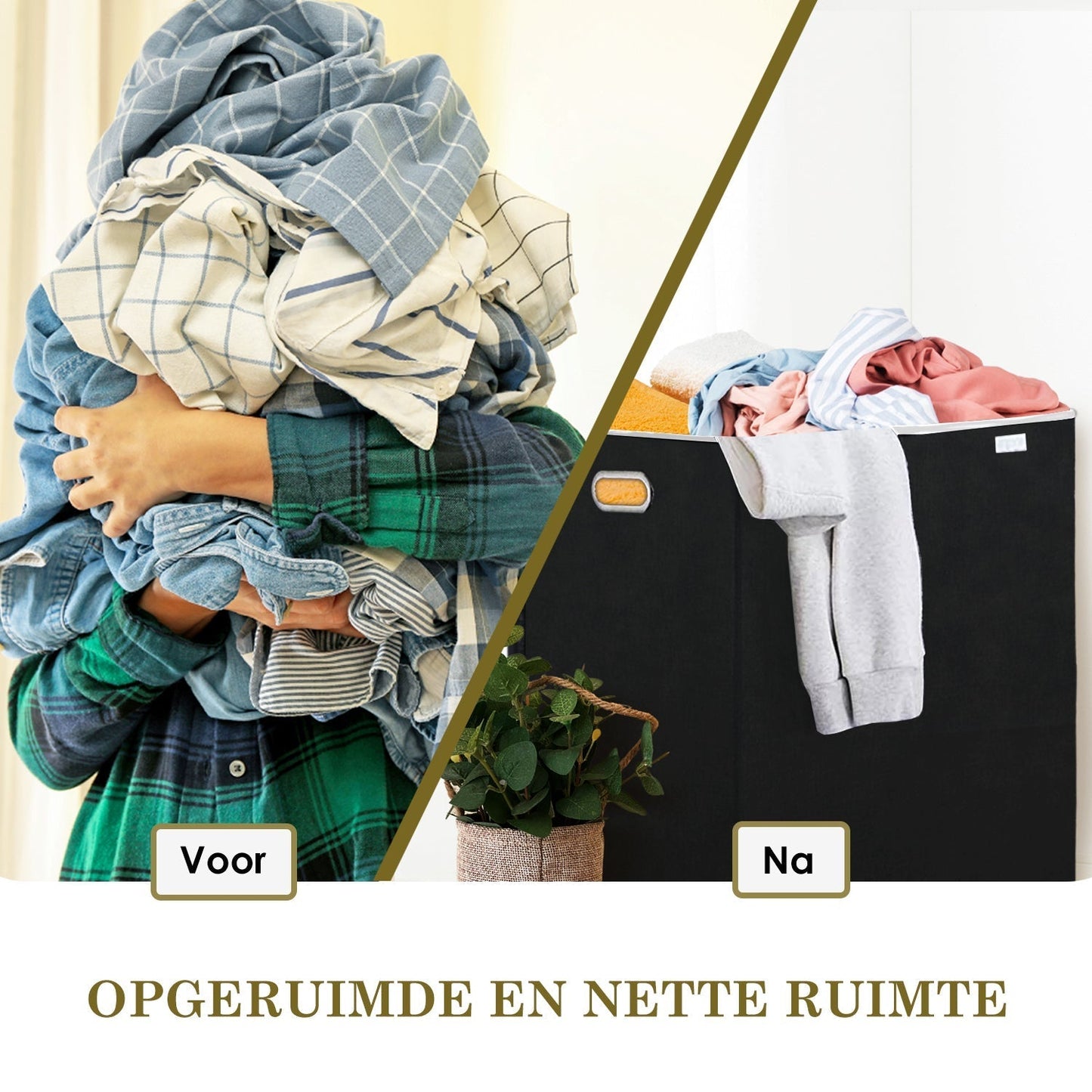 Person hält Wäsche, daneben gefüllter Wäschekorb, Text: "Opgeruimde en nette ruimte".