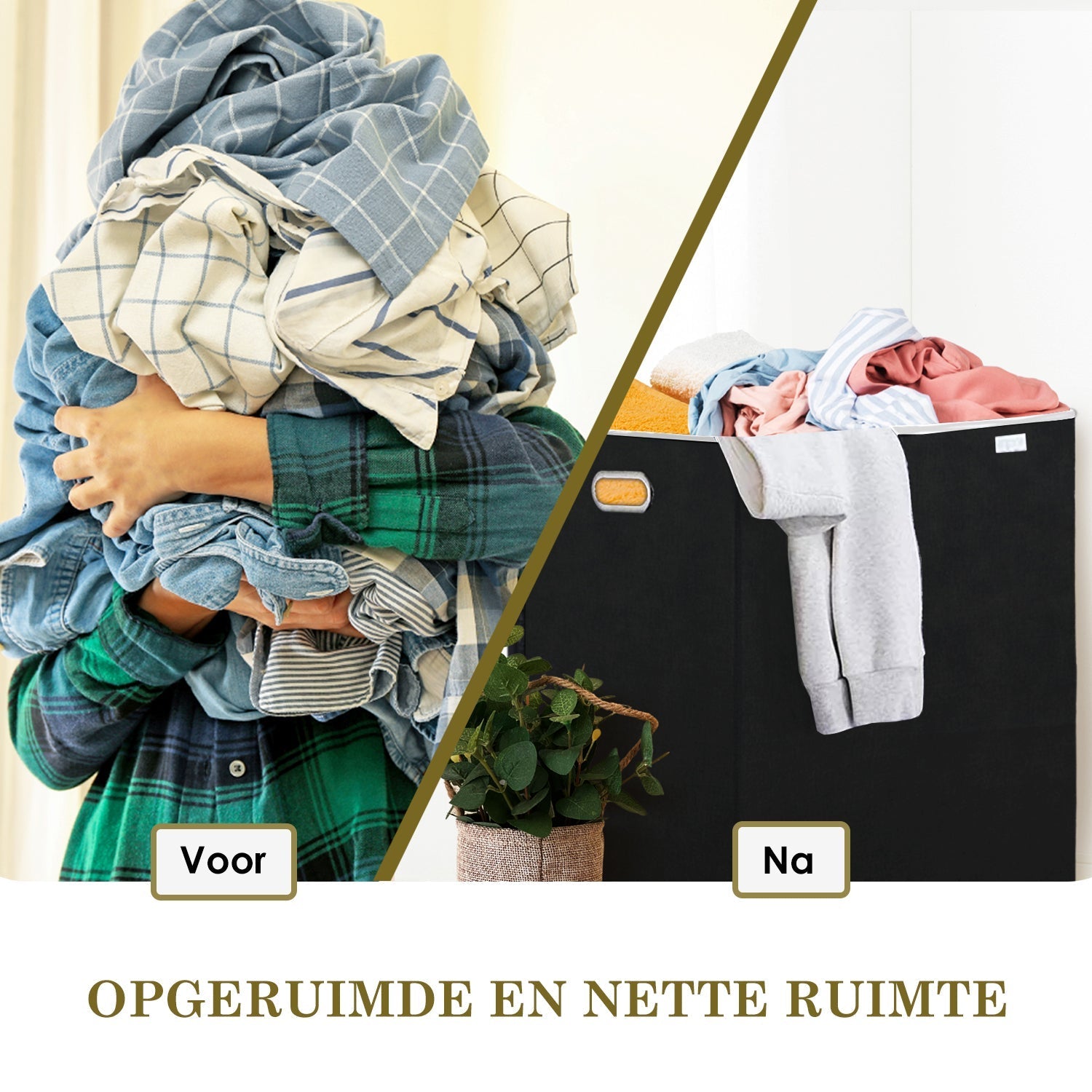 Person hält Wäsche, daneben gefüllter Wäschekorb, Text: "Opgeruimde en nette ruimte".