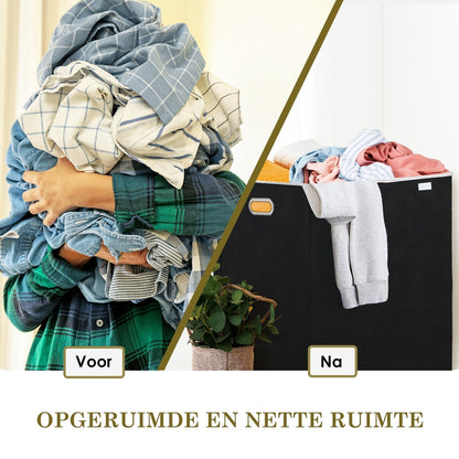 Person hält Wäsche, daneben gefüllter Wäschekorb, Text: "Opgeruimde en nette ruimte".