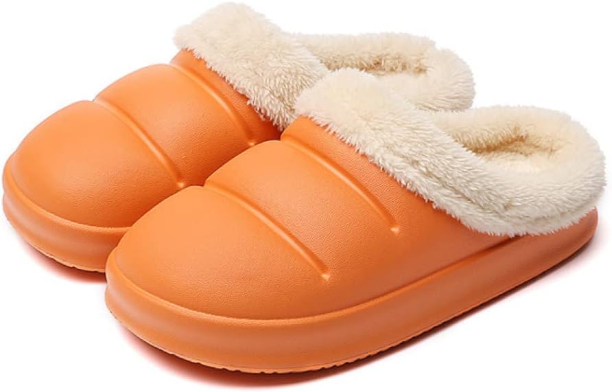 Orange Hausschuhe mit Plüschfutter, rutschfest, warm, bequem, für Damen und Herren.