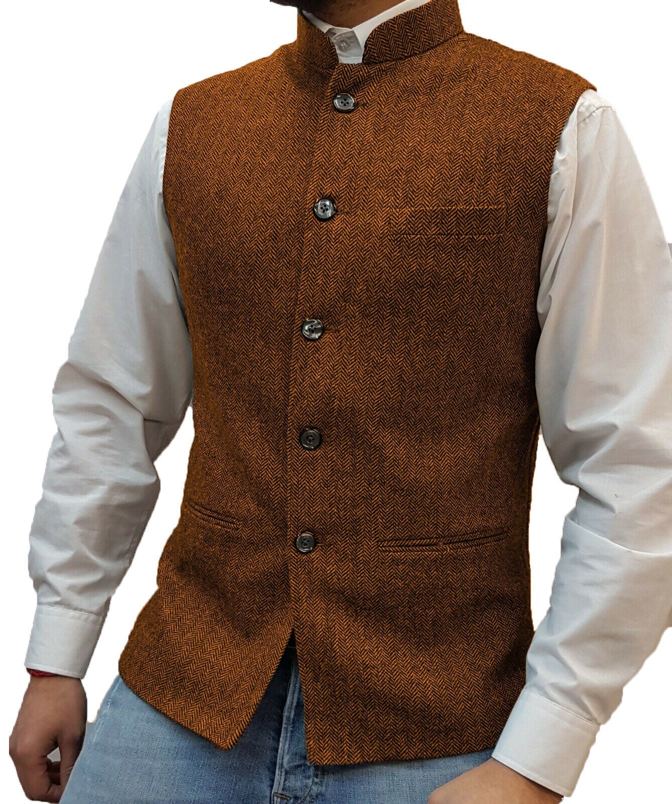 Männer Weste orange Tweed, Stehkragen, Knöpfe, elegantes Design, Herrenmode, Freizeitkleidung.