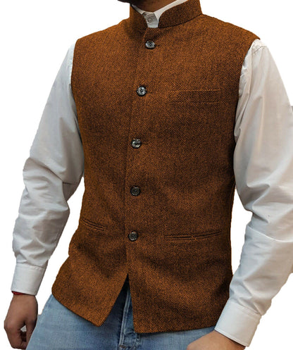 Männer Weste orange Tweed, Stehkragen, Knöpfe, elegantes Design, Herrenmode, Freizeitkleidung.