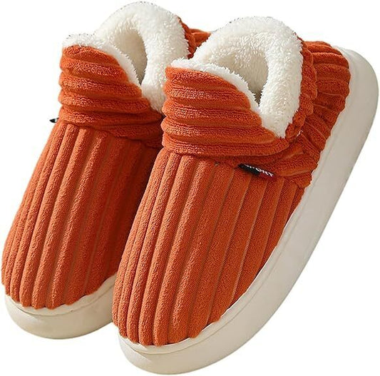 Orange Hausschuhe mit Plüschfutter, rutschfest, warm, bequem, für Damen und Herren.