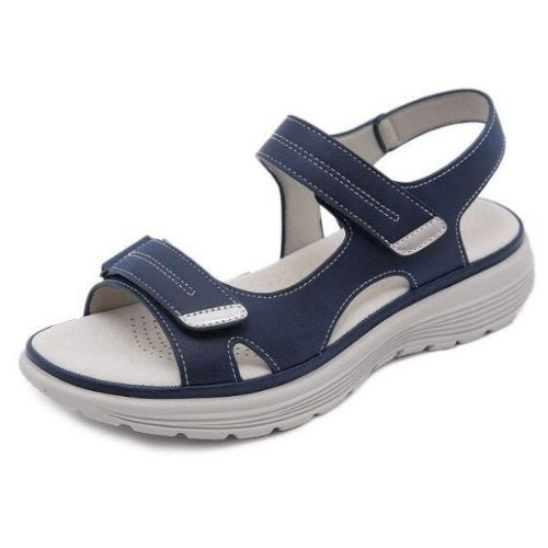 Damen Sandalen mit orthopädischer Fußstütze, blau, Klettverschluss, bequeme Sommerschuhe.
