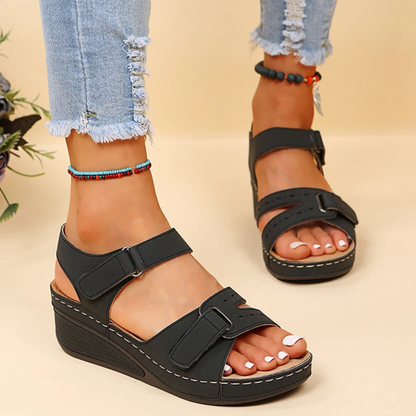Damen Orthopädische Sandalen, Schwarz, Klettverschluss, Bequem, Sommermode, Keilabsatz.