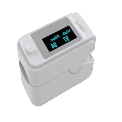 Weißes Fingerpulsoximeter mit digitalem Display zur Messung von Sauerstoffsättigung und Puls.
