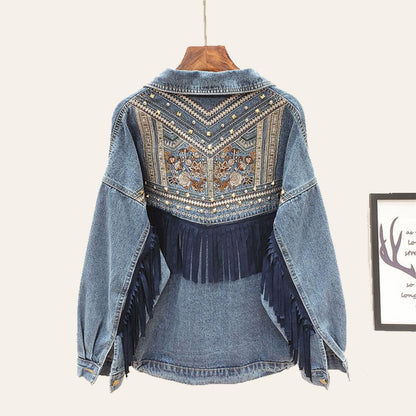 Damen Oversized Jeansjacke mit Fransen und Blumenmuster, blau, modisch, lässig.