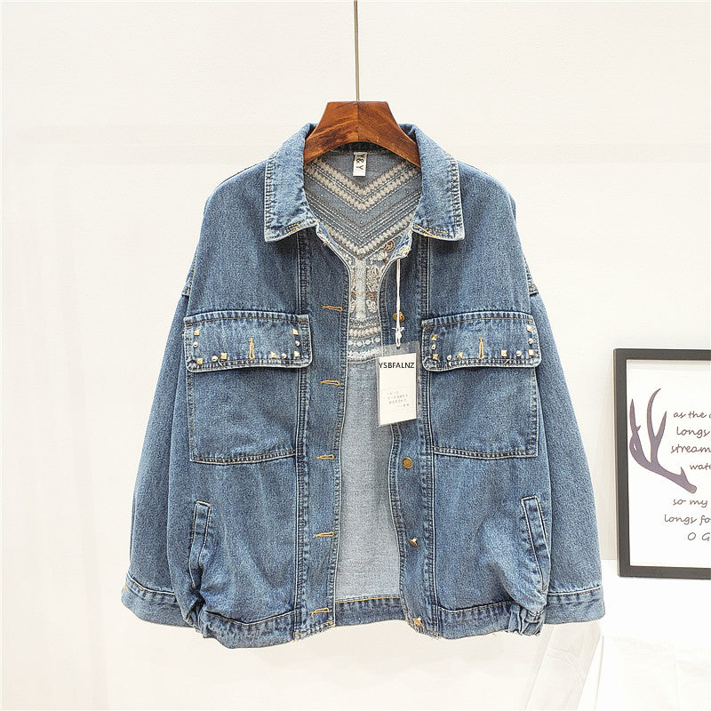 Damen Oversized Jeansjacke mit Fransen, Blumenprint, Blau, Freizeitmode, Trend 2023