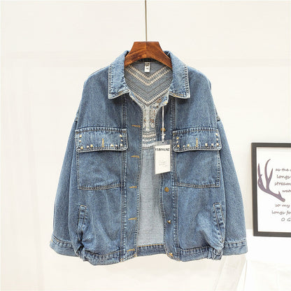 Damen Oversized Jeansjacke mit Fransen, Blumenprint, Blau, Freizeitmode, Trend 2023