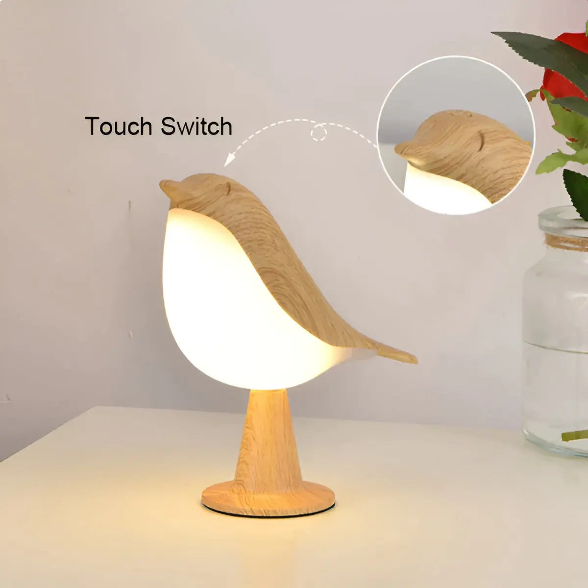 Holz-Vogel-Tischlampe mit Touch-Schalter, warmweißes LED-Licht, dekorative Beleuchtung.