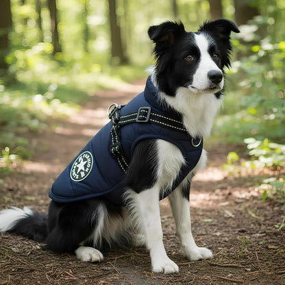 Svartvit border collie sitter på en skogsstig i en marinblå vadderad hundjacka med svart sele med reflexsömmar. 1