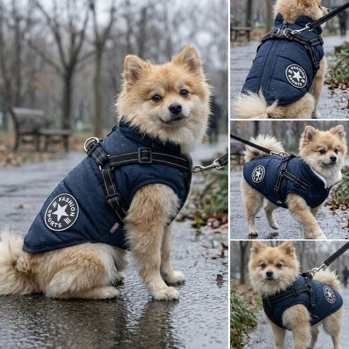 Fyra bilder av en pomeranian i marinblå vadderad jacka med sele på en regnvåt parkstig, från olika vinklar. 6