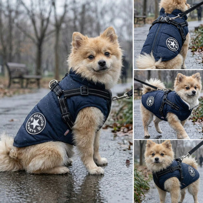 Fyra bilder av en pomeranian i marinblå vadderad jacka med sele på en regnvåt parkstig, från olika vinklar. 6