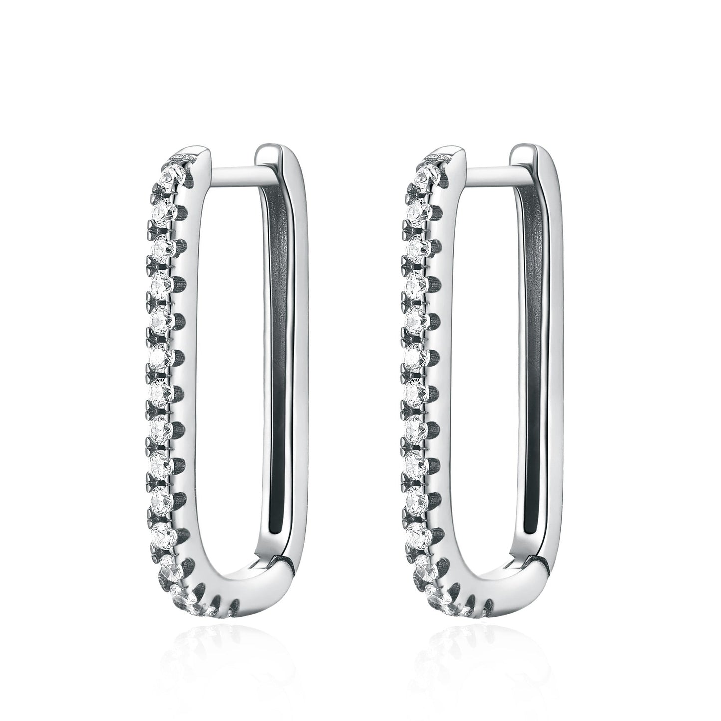 Silberne Creolen mit Zirkonia, rechteckig, eleganter Schmuck, Damen-Ohrringe, modisch.