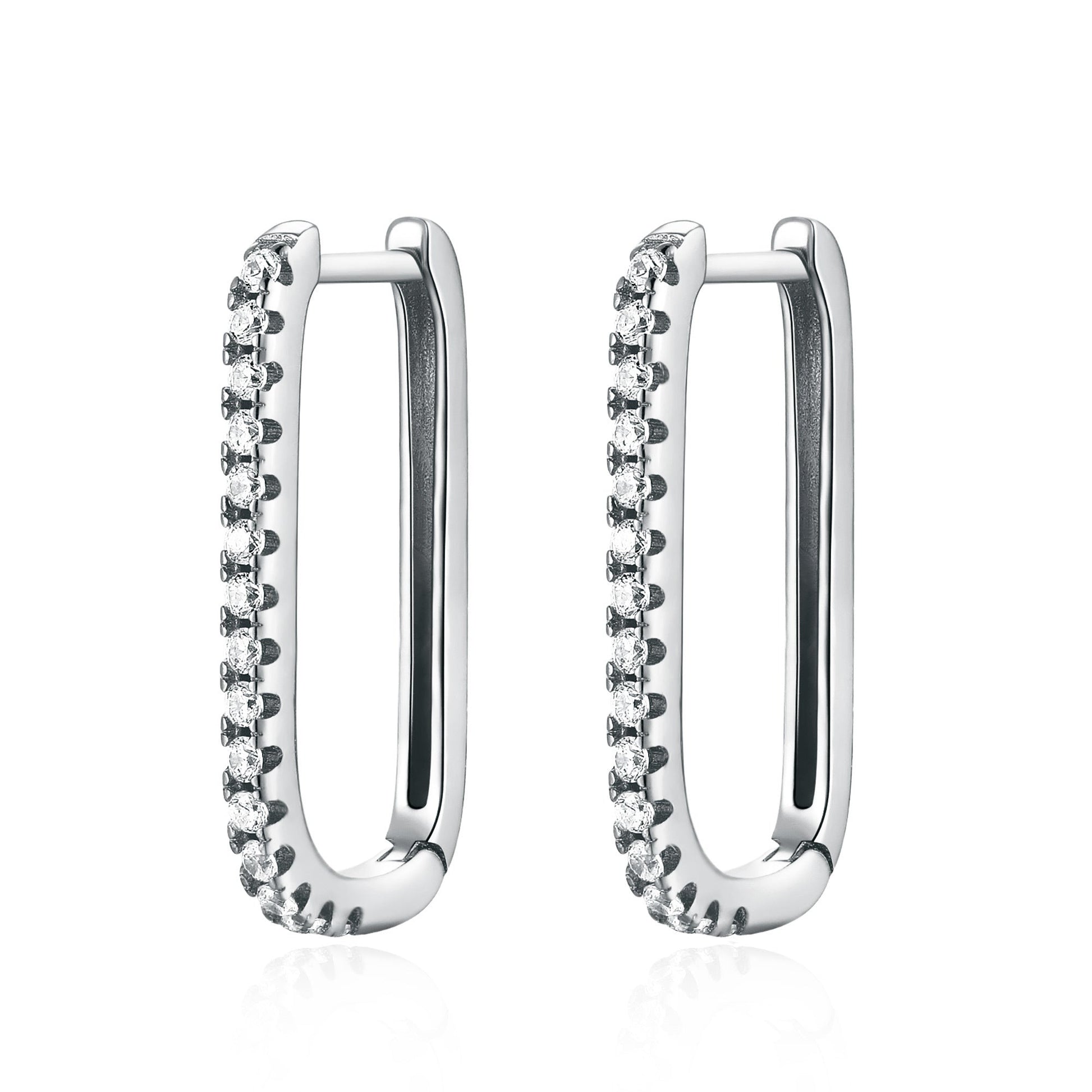 Silberne Creolen mit Zirkonia, rechteckig, eleganter Schmuck, Damen-Ohrringe, modisch.
