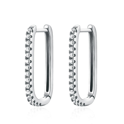 Silberne Creolen mit Zirkonia, rechteckig, eleganter Schmuck, Damen-Ohrringe, modisch.