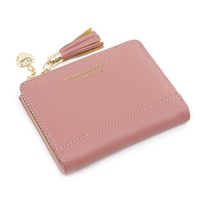 Rosa Damen-Geldbörse aus Leder mit Quastenanhänger, stilvoll und kompakt.