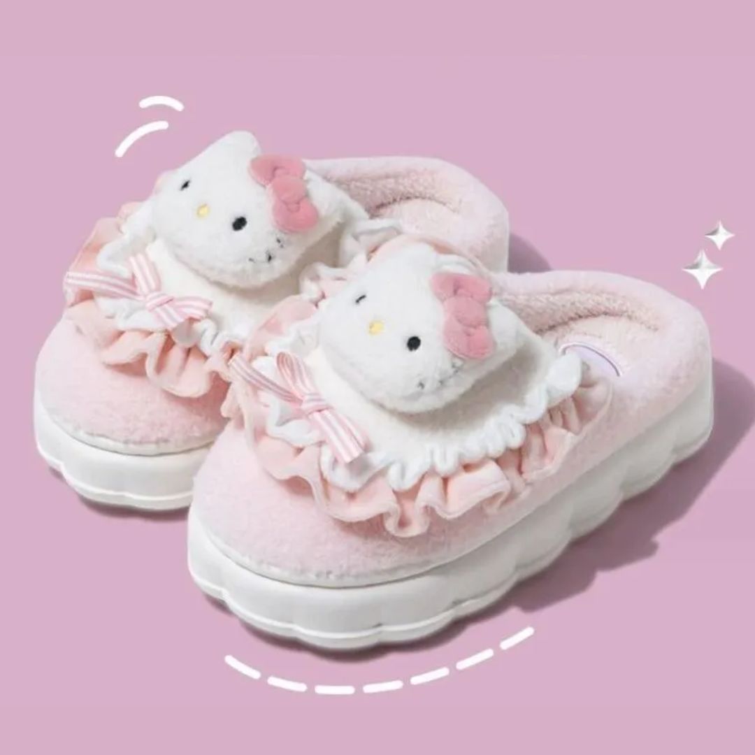 Rosa Plüsch-Hausschuhe mit Hello Kitty Design, Kinder, rutschfest, bequem, Geschenkidee.