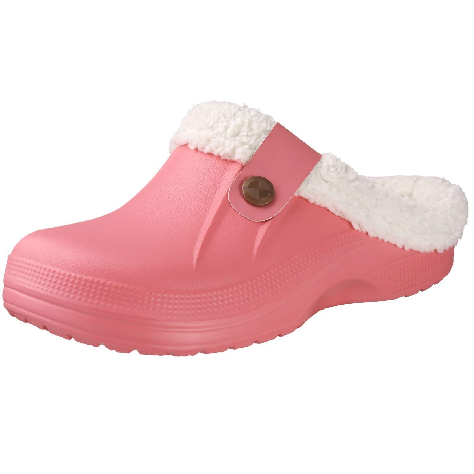 Rosa Clog mit weißem Futter, rutschfest, bequem, ideal für Gartenarbeit und Freizeit.