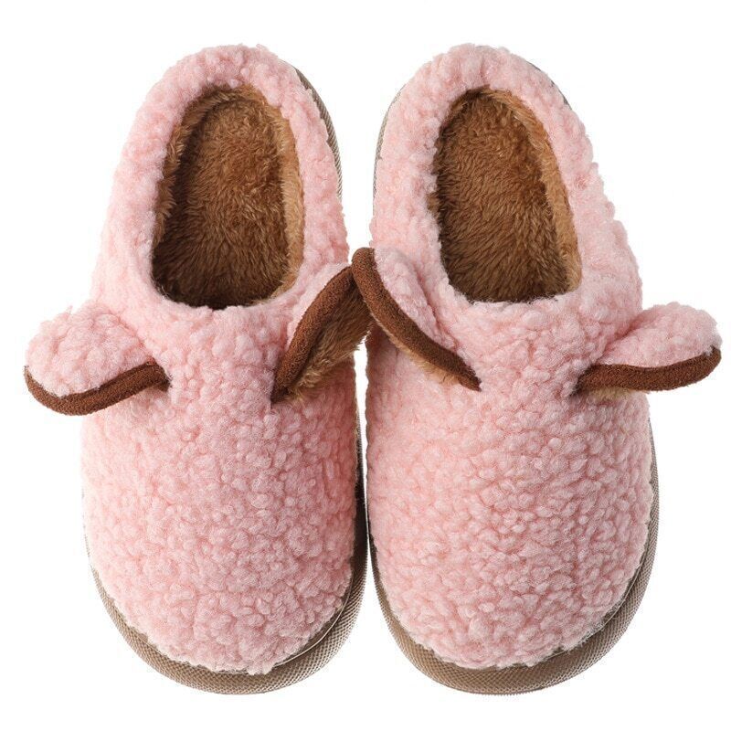 Rosa Plüsch-Hausschuhe für Kinder, warm, rutschfest, gemütlich, mit Ohren, Wintermode.