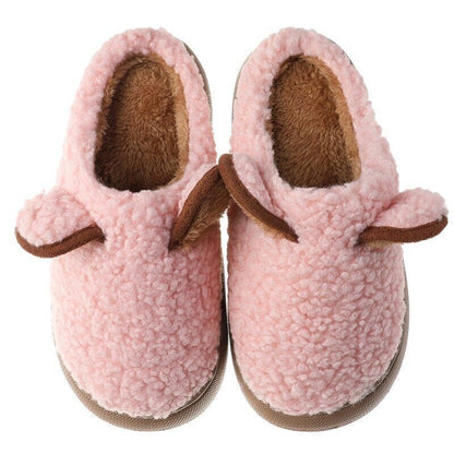 Rosa Plüsch-Hausschuhe für Kinder, warm, rutschfest, gemütlich, mit Ohren, Wintermode.