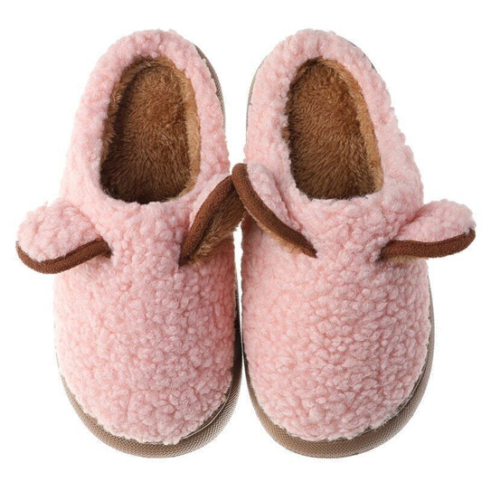 Rosa Plüsch-Hausschuhe für Kinder, warm, rutschfest, gemütlich, mit Ohren, Wintermode.