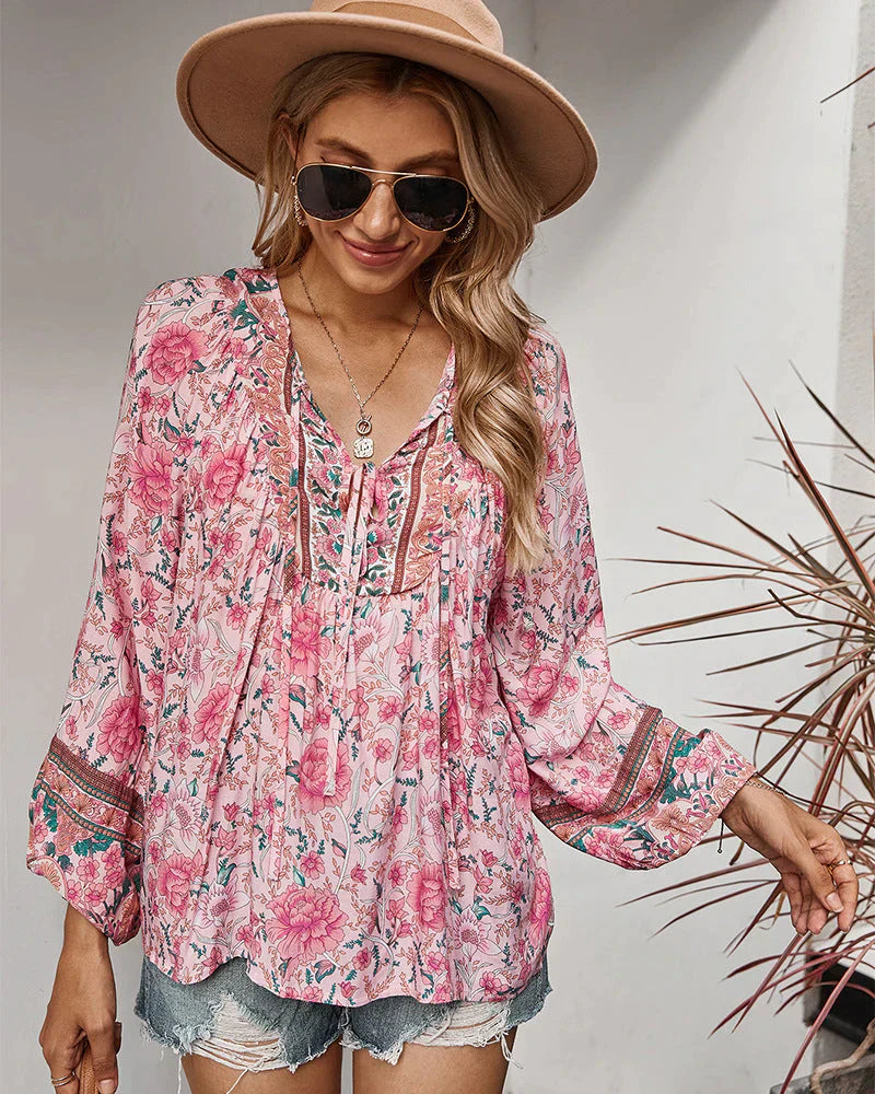Vintage Boho sommarblus med blommönster och långa ärmar – Sana