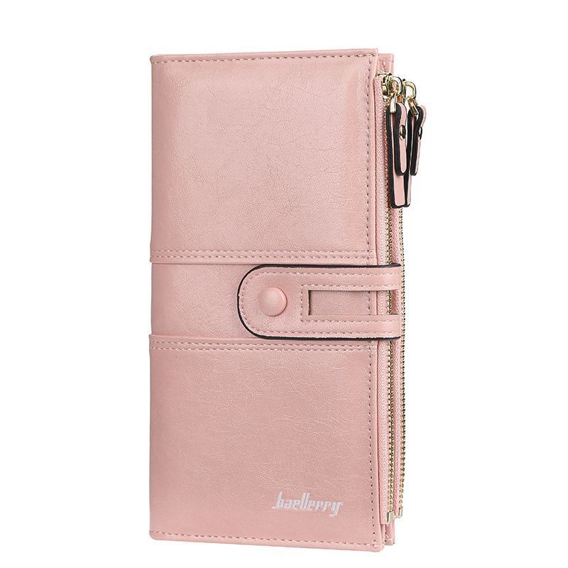 Rosa Damen-Geldbörse aus Leder mit Reißverschluss und Druckknopf, modisches Accessoire.