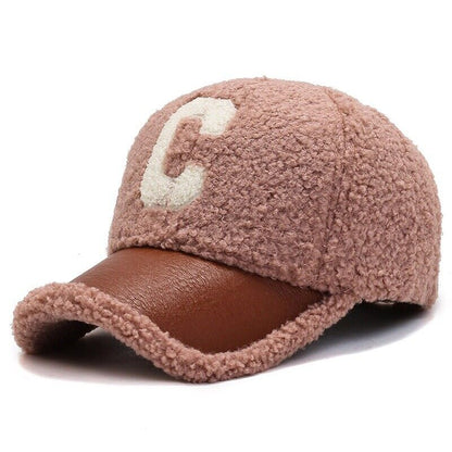 Rosa Baseballkappe mit braunem Leder-Schirm, Buchstabe C, Wintermütze, Unisex-Design.