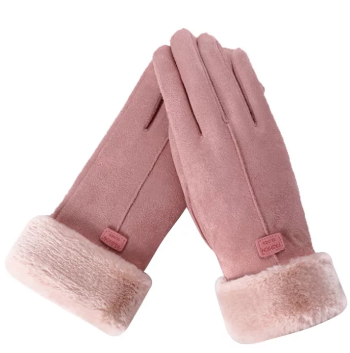 Damenhandschuhe rosa Wildleder mit Kunstfellfutter, winterwarm, elegant, modisch.