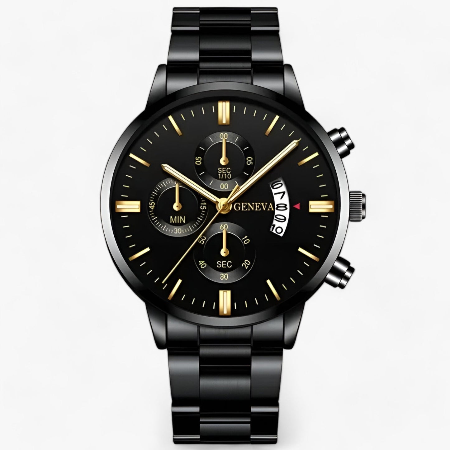 Schwarze Herrenarmbanduhr mit Chronograph, Edelstahlarmband, goldene Zeiger, elegantes Design.